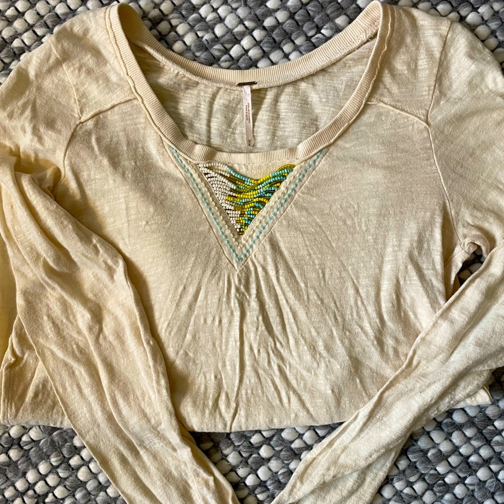 Free people cream beaded long sleeve shirt